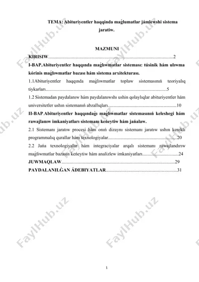 abituriyentler haqqında ma'lumatlar jámlewshi sistema — DOCX