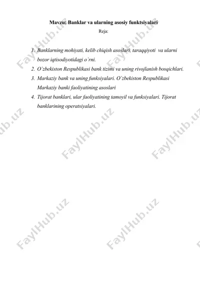 banklar va ularning asosiy funktsiyalari — DOCX