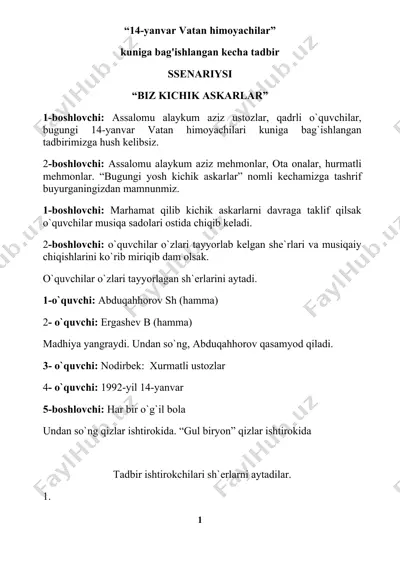 "14-yanvar vatan himoyachilar" kuniga bag'ishlangan kecha tadbir — DOCX