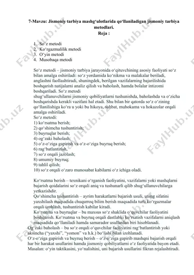 jismoniy tarbiya mashg‘ulotlarida qo‘llaniladigan jismoniy tarbiya metodlari — DOCX