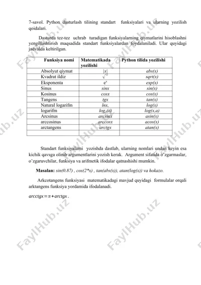 python dasturlash tilining standart funksiyalari va ularning yozilish qoidalari — DOCX