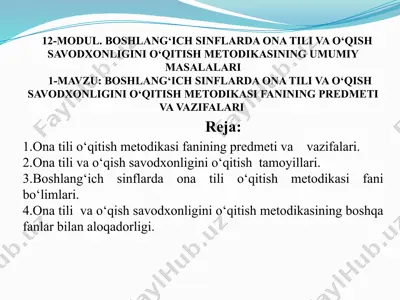 boshlang‘ich sinflarda ona tili va o‘qish savodxonligini o‘qitish metodikasining umumiy masalalari — PPTX