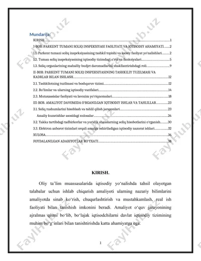 parkent tumani soliq inspeksiya faoliyati va iqtisodiy ahamiyati — DOCX