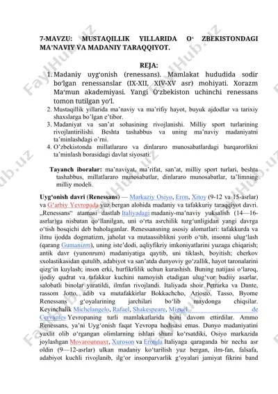 mustaqillik yillarida o‘zbekistondagi ma’nviy va madaniy taraqqiyot — DOC