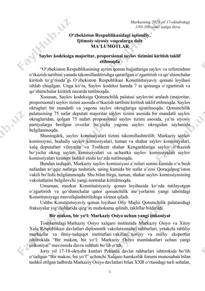 "saylov kodeksiga majoritar, proporsional saylov tizimini kiritish" — DOCX