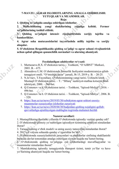agrar islohotlarning amalga oshirilishi: yutuqlar va muammolar — DOCX