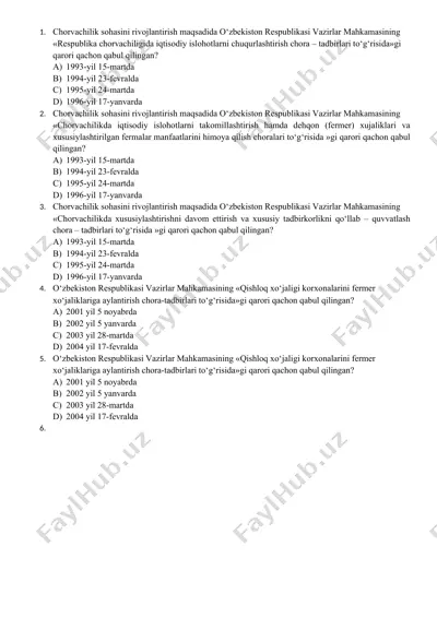 o‘zbekiston respublikasi vazirlar mahkamasining qarorlari haqida savollar — DOCX