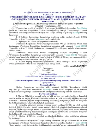 o‘zbekiston respublikasi buxgalteriya hisobi milliy standarti (7-sonli bhms) “nomoddiy aktivlar”ni yangi tahrirda tasdiqlash to‘g‘risida — DOCX