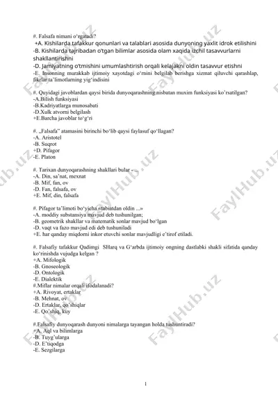 falsafadan o'umdagi 500 ta test javoblari — DOC