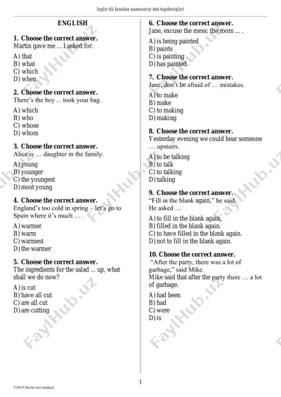 ingliz tili fanidan namunaviy test topshiriqlari — PDF
