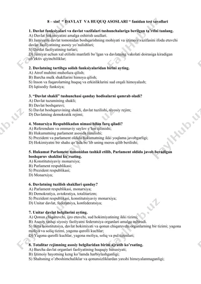 8 – sinf “davlat va huquq asoslari” fanidan test savollari — DOC