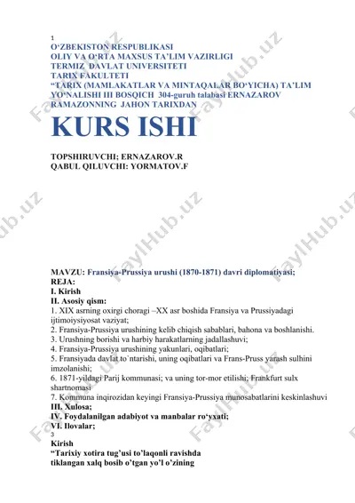 fransiya-prussiya urushi (1870-1871) davri diplomatiyasi — DOCX