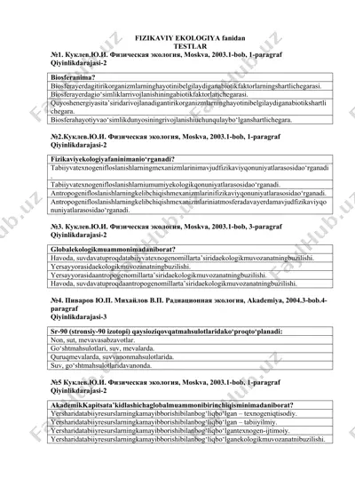 fizikaviy ekologiya fanidan testlar — DOCX