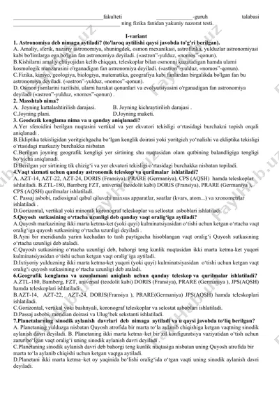 astronomiya fanidan test savollari — DOCX