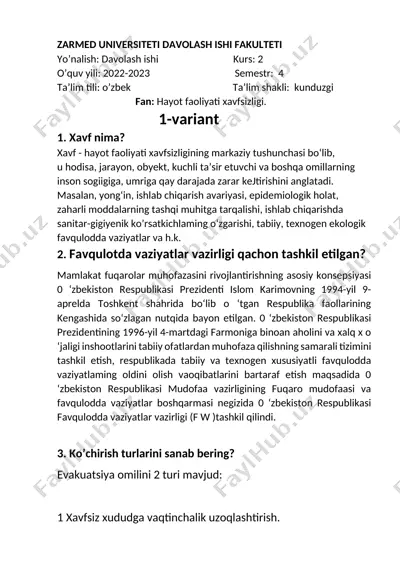 xavf va hayot faoliyati xavfsizligi — DOCX