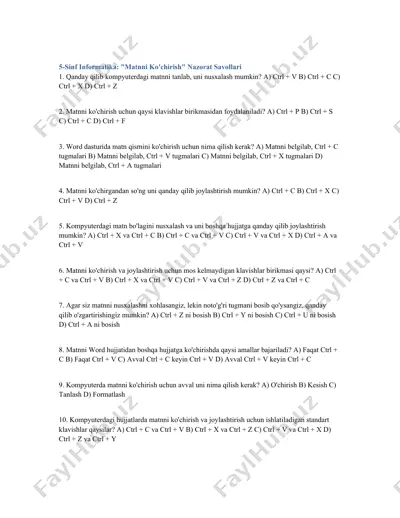 5-sinf informatika: "matnni ko'chirish" nazorat savollari — DOCX