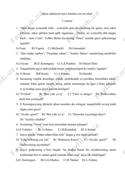 jahon adabiyoti tarixi fanidan test savollari — DOC