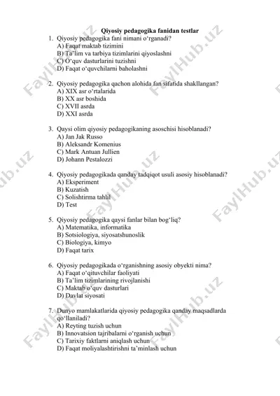 qiyosiy pedagogika fanidan testlar — DOC