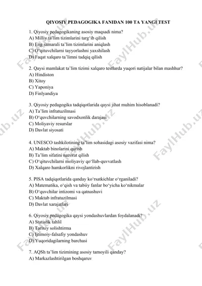qiyosiy pedagogika fanidan 100 ta yangi test — DOC
