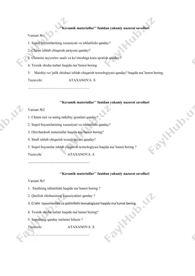 ‘’keramik materiallar’’ fanidan yakuniy nazorat savollari — DOCX
