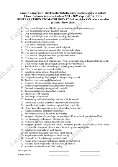 klinik restavratsion stomatologiya fani bo‘yicha yan uchun savollar — DOCX