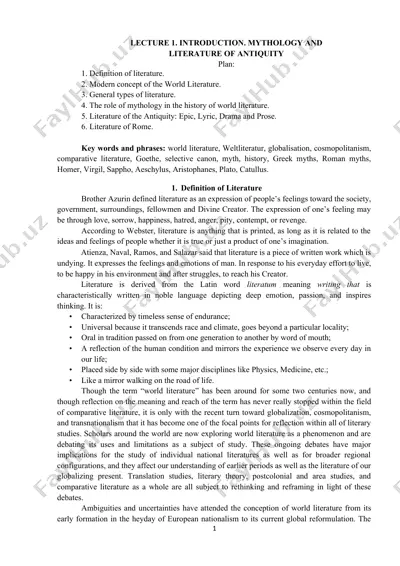 lecture 1. introduction. mythology and literature of antiquity — DOCX