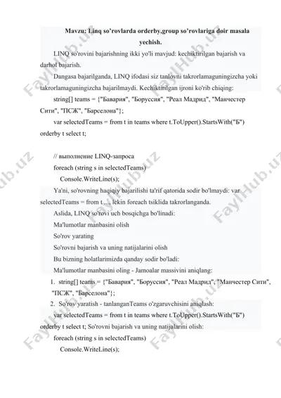 linq so'rovlarda orderby, group so'rovlariga doir masala yechish — DOCX