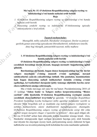 oʼzbekiston respublikasining xalqaro reyting va indekslardagi oʼrni hamda nufuzini ortib borishi — DOCX