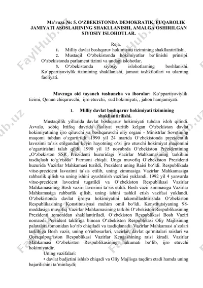 o‘zbekistonda demokratik, fuqarolik jamiyati asoslarining shakllanishi, amalga oshirilgan siyosiy ishloatlar — DOCX