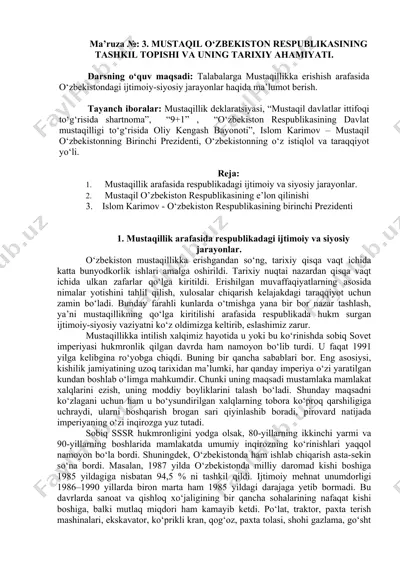 mustaqil o‘zbekiston respublikasining tashkil topishi va uning tarixiy ahamiyati — DOCX