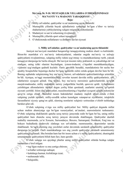 mustaqillik yillarida o‘zbekistonda ma’naviy va madaniy taraqqiyot — DOCX