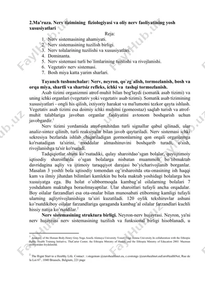 nerv tizimining fiziologiyasi va oliy nerv faoliyatining yosh xususiyatlari — DOCX