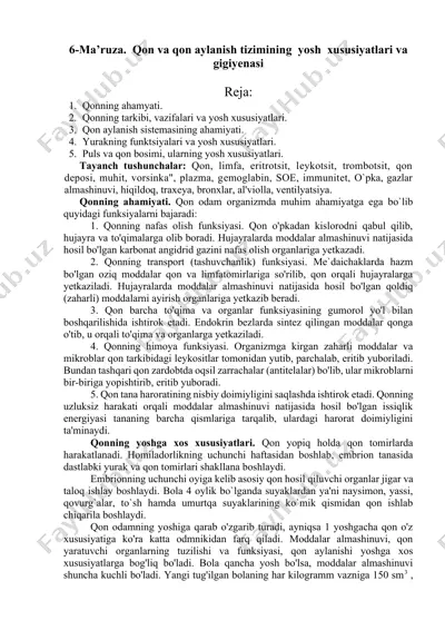6-ma’ruza. qon va qon aylanish tizimining yosh xususiyatlari va gigiyenasi — DOCX