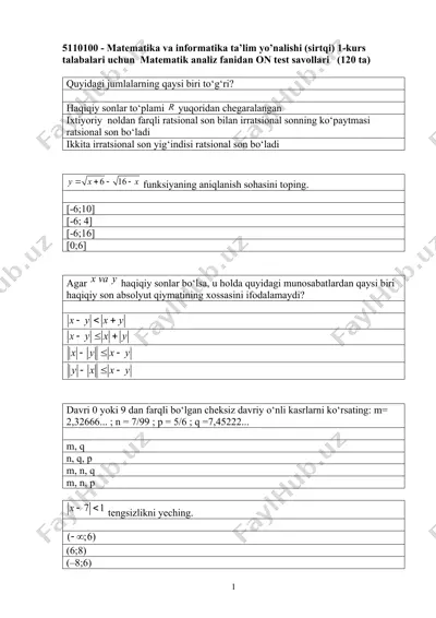 matematika va informatika ta’lim yo’nalishi (sirtqi) 1-kurs talabalari uchun matematik analiz fanidan on test savollari — DOCX