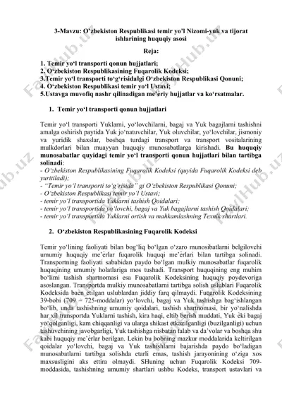 o‘zbekiston respublikasi temir yo’l nizomi-yuk va tijorat ishlarining huquqiy asosi — DOCX