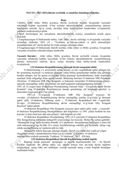 2017-2021yillarda xavfsizlik va mudofaa tizimidagi islohotlar — DOCX
