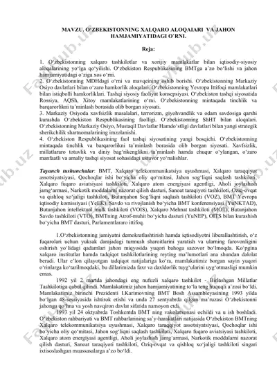 o‘zbekistonning xalqaro aloqalari va jahon hamjamiyatidagi o`rni — DOCX