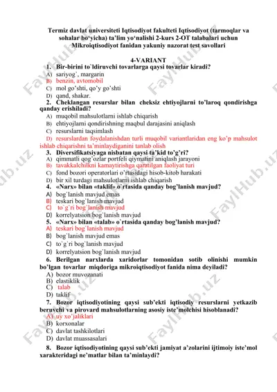 mikroiqtisodiyot fanidan yakuniy nazorat test savollari — DOCX