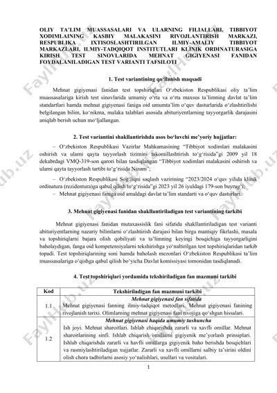 mehmat gigiyenasi fanidan test varianti — DOCX