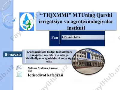 g'aznachilikda budjet tashkilotlari xarajatlar smetalari va ularga kiritiladigan o'zgarishlarni ro'yxatga olish — PPTX