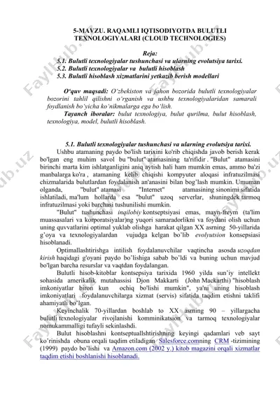 bulutli texnologiyalar tushunchasi va ularning evolutsiya tarixi — DOC