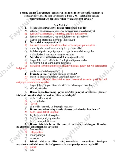 mikroiqtisodiyot yakuniy nazorat test savollari — DOCX