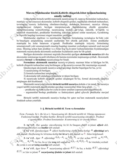 mulohazalar hisobi.keltirib chiqarish.isbot tushunchasining amaliy tadbiqi — DOCX