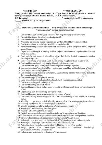 "farmakologiya nazorat savollari" — DOCX