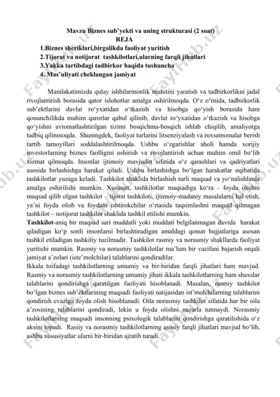 biznes sub’yekti va uning strukturasi (2 soat) — DOCX