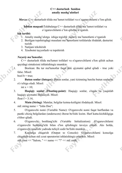 c++ dasturlash fanidan amaliy mashg’ulotlari — DOC