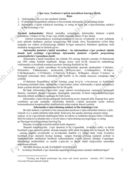 informatika fanlarini o’qitish metodikasi — DOC