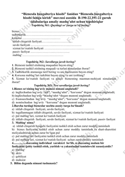 biznesda buxgalteriya hisobi faniga kirish mavzusi asosida amaliy mashg'ulotlar — DOCX