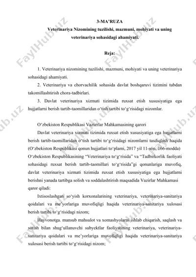 veterinariya nizomining tuzilishi, mazmuni, mohiyati va uning veterinariya sohasidagi ahamiyati — DOC
