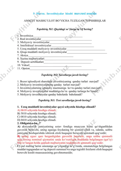 investitsiyalar hisobi mavzusi asosida — DOCX